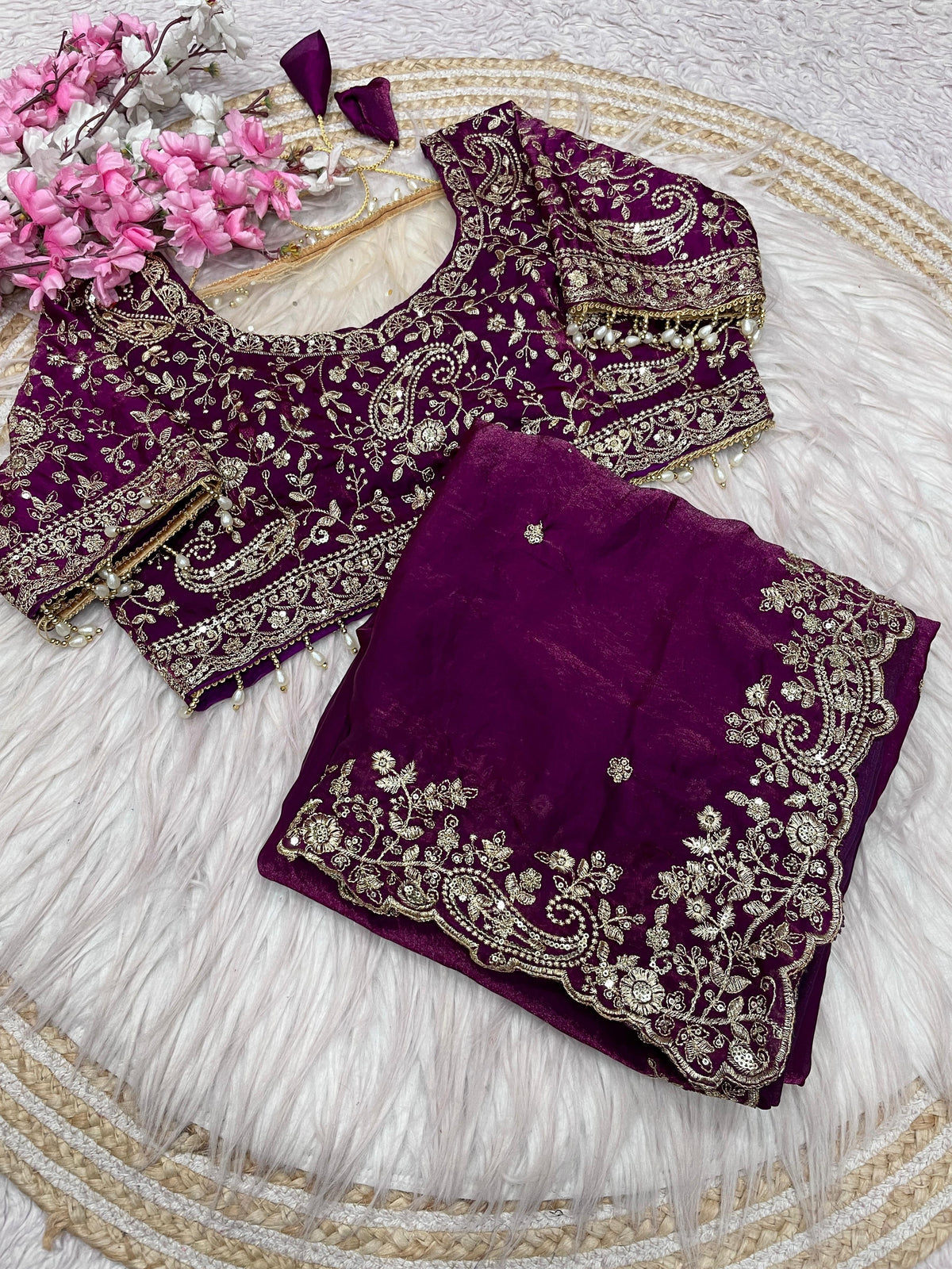 Wine Georgette Saree with Heavy Zari Embroidery & Includes Full Work Blouse