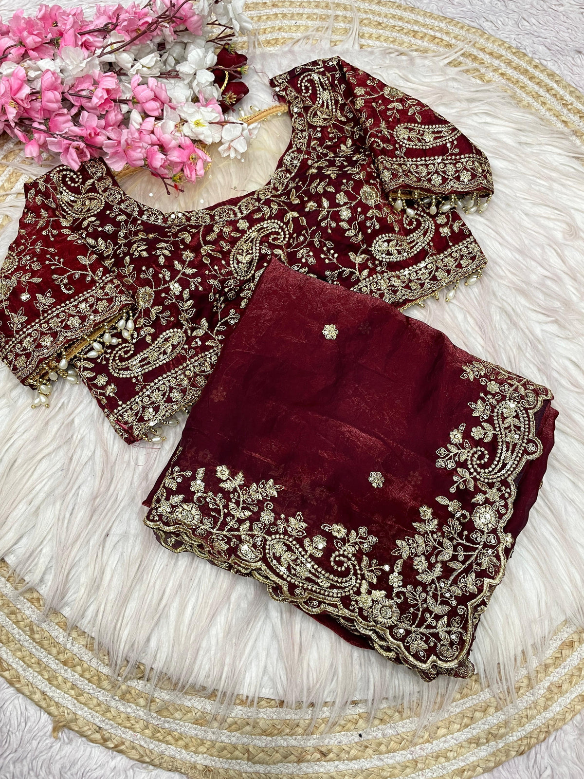Maroon Georgette Saree with Heavy Zari Embroidery & Includes Full Work Blouse