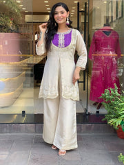 Off-White Silk Indo-Western Set with Contrast Purple Embroidered Yoke