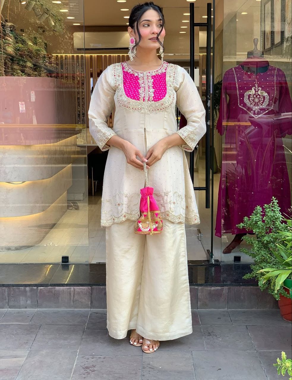 Designer Cream Tunic with Rani Pink Embroidery & Flared Pants