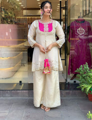 Designer Cream Tunic with Rani Pink Embroidery & Flared Pants