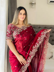Red Georgette Saree with Heavy Zari Embroidery & Includes Full Work Blouse