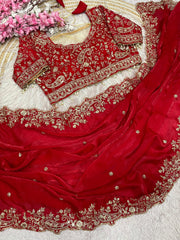 Red Georgette Saree with Heavy Zari Embroidery & Includes Full Work Blouse