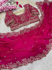 Rani Georgette Saree with Heavy Zari Embroidery & Includes Full Work Blouse