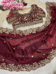 Maroon Georgette Saree with Heavy Zari Embroidery & Includes Full Work Blouse