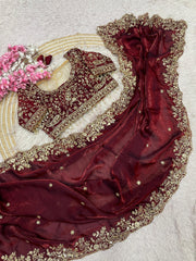 Maroon Georgette Saree with Heavy Zari Embroidery & Includes Full Work Blouse