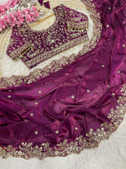 Wine Georgette Saree with Heavy Zari Embroidery & Includes Full Work Blouse