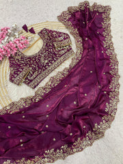 Wine Georgette Saree with Heavy Zari Embroidery & Includes Full Work Blouse