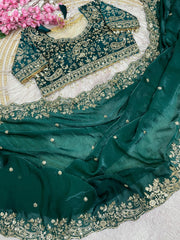 Morpitch Rama Georgette Saree with Heavy Zari Embroidery & Includes Full Work Blouse