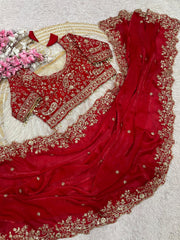 Red Georgette Saree with Heavy Zari Embroidery & Includes Full Work Blouse