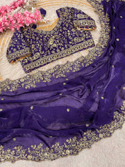 Royal Purple Georgette Saree with Heavy Zari Embroidery & Includes Full Work Blouse