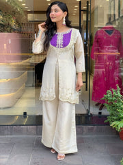 Off-White Silk Indo-Western Set with Contrast Purple Embroidered Yoke