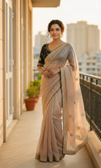 Cream Soft Silk Saree with Designer Heavily Embroidered Black Blouse