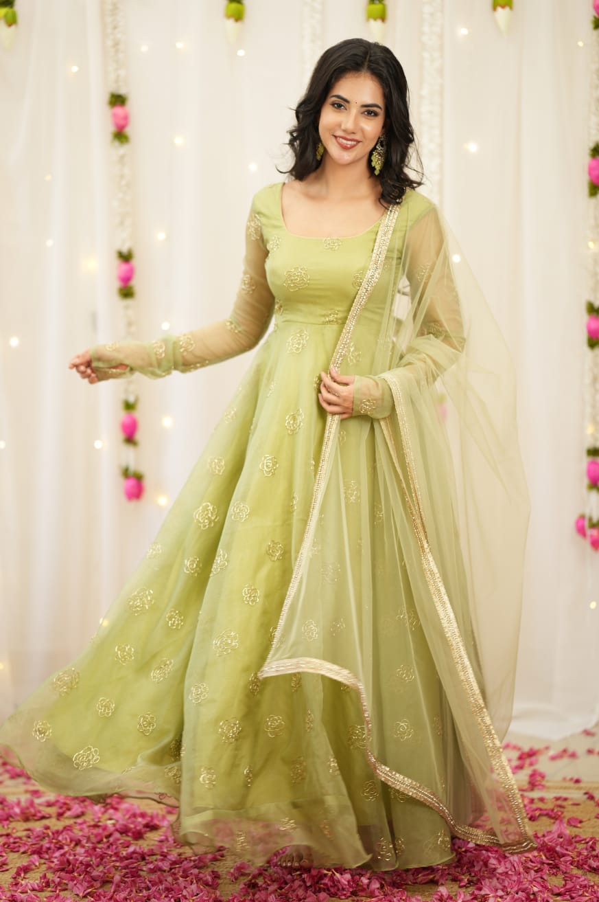 Pista Green Organza Anarkali Gown with Golden Butti Embroidery & Net Dupatta