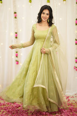 Pista Green Organza Anarkali Gown with Golden Butti Embroidery & Net Dupatta