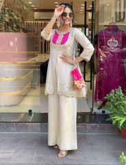 Designer Cream Tunic with Rani Pink Embroidery & Flared Pants