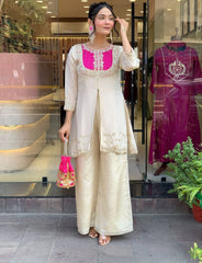 Designer Cream Tunic with Rani Pink Embroidery & Flared Pants