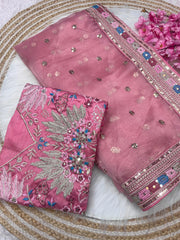 Rose Pink Organza Saree with Sequin Bootis and Intricate Floral Embroidered Blouse