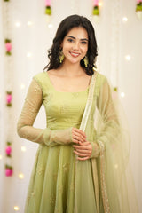 Pista Green Organza Anarkali Gown with Golden Butti Embroidery & Net Dupatta