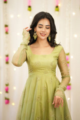 Pista Green Organza Anarkali Gown with Golden Butti Embroidery & Net Dupatta