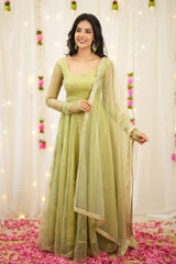 Pista Green Organza Anarkali Gown with Golden Butti Embroidery & Net Dupatta