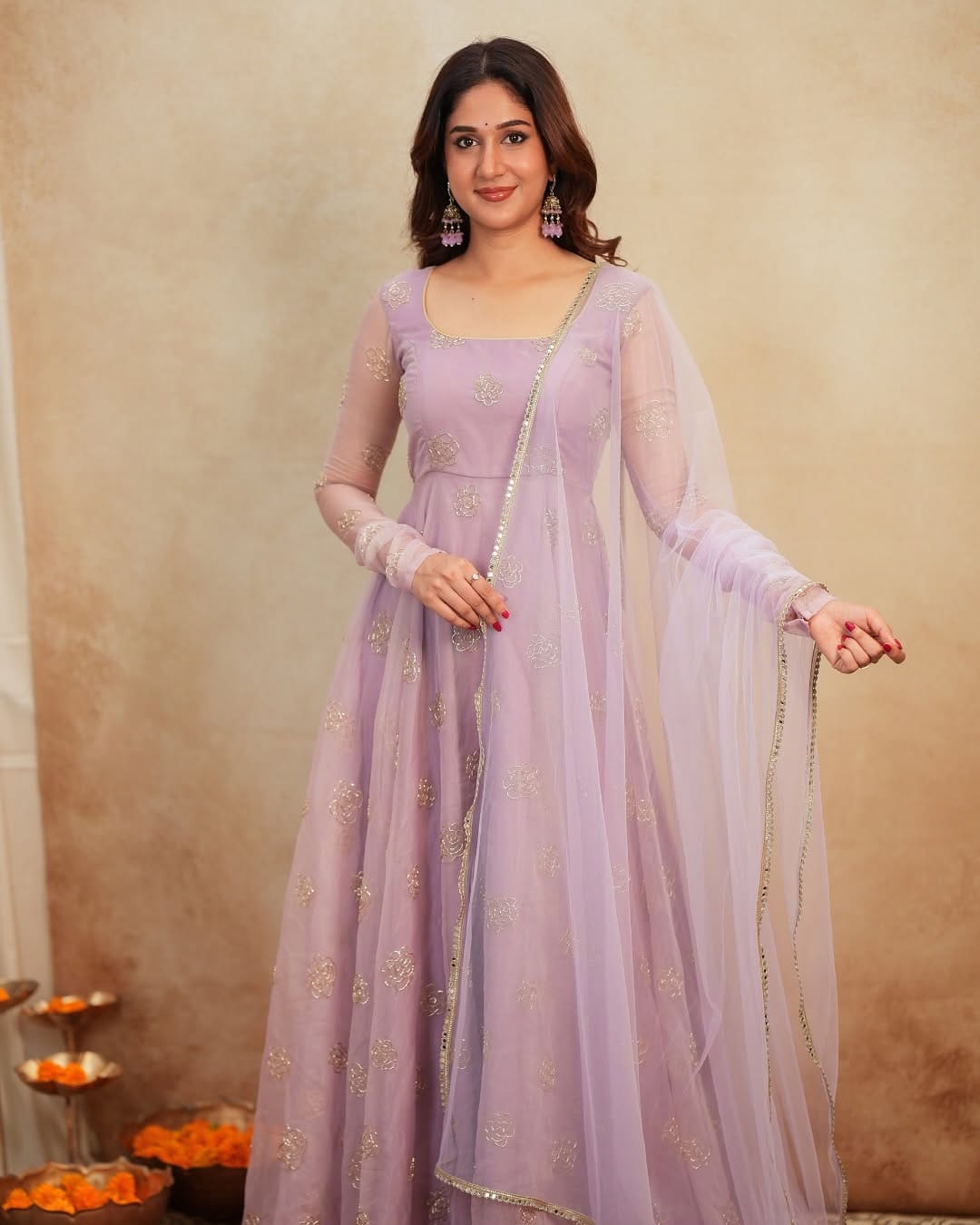 Lavender Organza Anarkali Gown with Silver Butti Embroidery & Net Dupatta