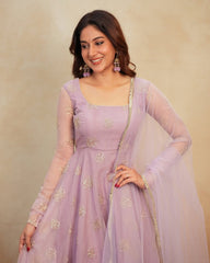 Lavender Organza Anarkali Gown with Silver Butti Embroidery & Net Dupatta
