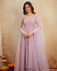 Lavender Organza Anarkali Gown with Silver Butti Embroidery & Net Dupatta