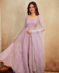 Lavender Organza Anarkali Gown with Silver Butti Embroidery & Net Dupatta