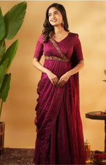 Designer Indo-Western Pre-Draped Saree in Wine Color with Zari Work
