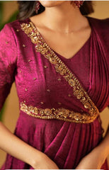 Designer Indo-Western Pre-Draped Saree in Wine Color with Zari Work