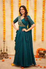 Designer Indo-Western Pre-Draped Saree in Teal Blue with Heavy Zardosi Work
