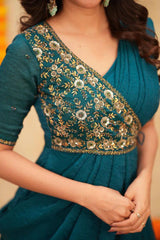 Designer Indo-Western Pre-Draped Saree in Teal Blue with Heavy Zardosi Work