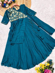 Designer Indo-Western Pre-Draped Saree in Teal Blue with Heavy Zardosi Work