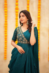 Designer Indo-Western Pre-Draped Saree in Teal Blue with Heavy Zardosi Work