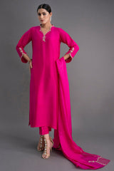 Elegant Rani Pink Straight Kurta Set with Duptta