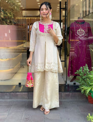 Designer Cream Tunic with Rani Pink Embroidery & Flared Pants