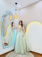 Glamorous Mint Sequined Designer Ready-to-Wear Lehenga Set