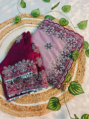 Lavender Color Saree & Wine Embroidered Blouse – Heavy Zari & Zarkhan Diamond