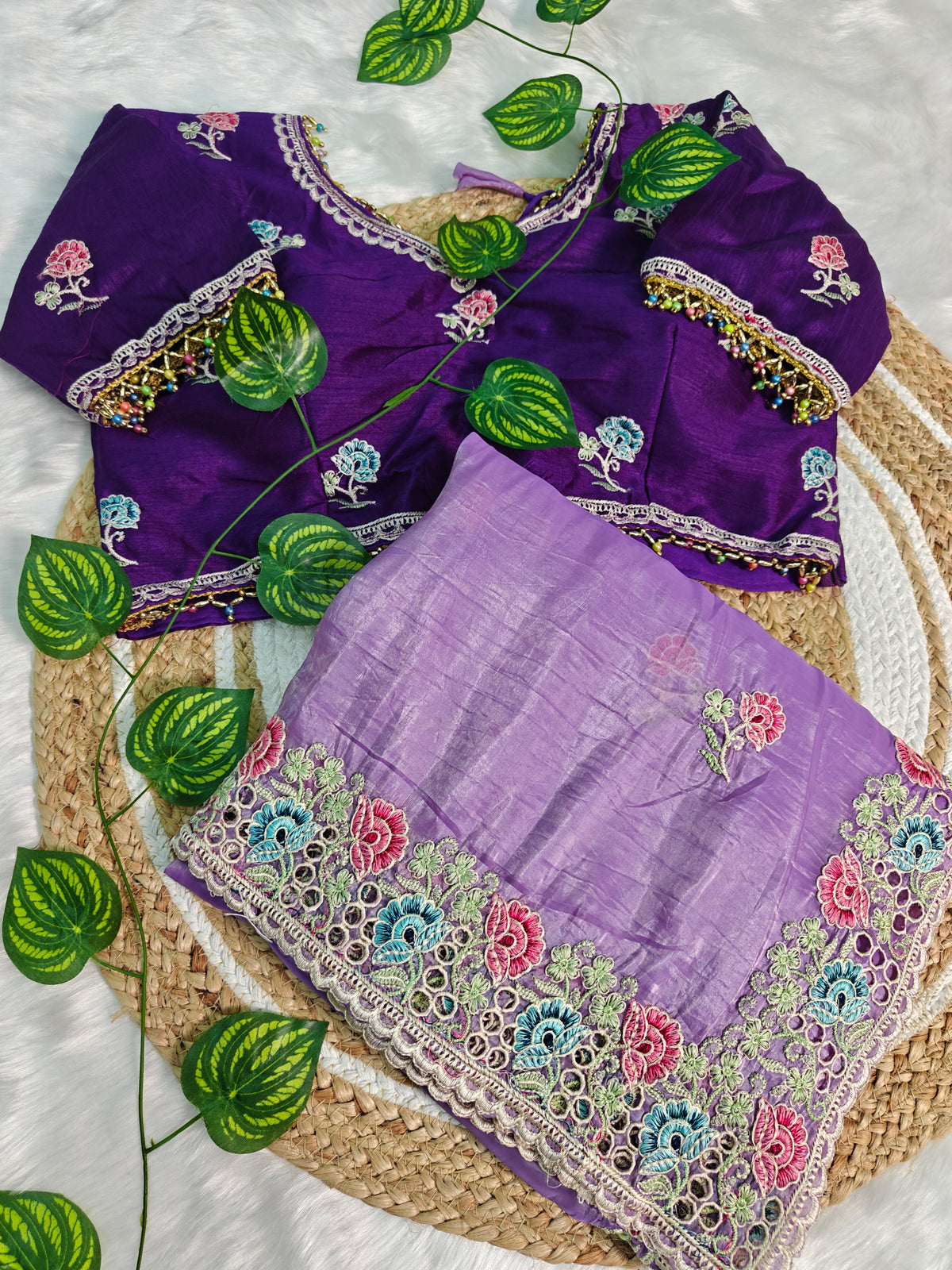 Lavender Gold Crush Saree with Jambun Color Embroidered Blouse | Hand-Crafted Floral Cutwork Border