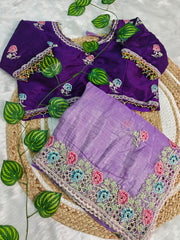 Lavender Gold Crush Saree with Jambun Color Embroidered Blouse | Hand-Crafted Floral Cutwork Border