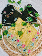 Yellow Gold Crush Saree with Mehndi Color Embroidered Blouse | Hand-Crafted Floral Cutwork Border