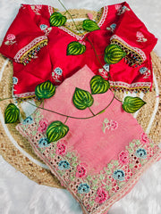 Pink Gold Crush Saree with Rani Color Embroidered Blouse | Hand-Crafted Floral Cutwork Border
