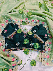Pista Gold Crush Saree with Green Color Embroidered Blouse | Hand-Crafted Floral Cutwork Border