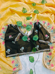 Yellow Gold Crush Saree with Mehndi Color Embroidered Blouse | Hand-Crafted Floral Cutwork Border