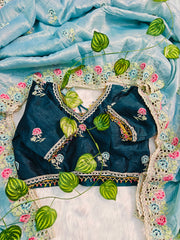 Sky Firoji Gold Crush Saree with Rama Blue Color Embroidered Blouse | Hand-Crafted Floral Cutwork Border