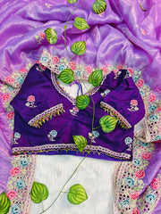 Lavender Gold Crush Saree with Jambun Color Embroidered Blouse | Hand-Crafted Floral Cutwork Border