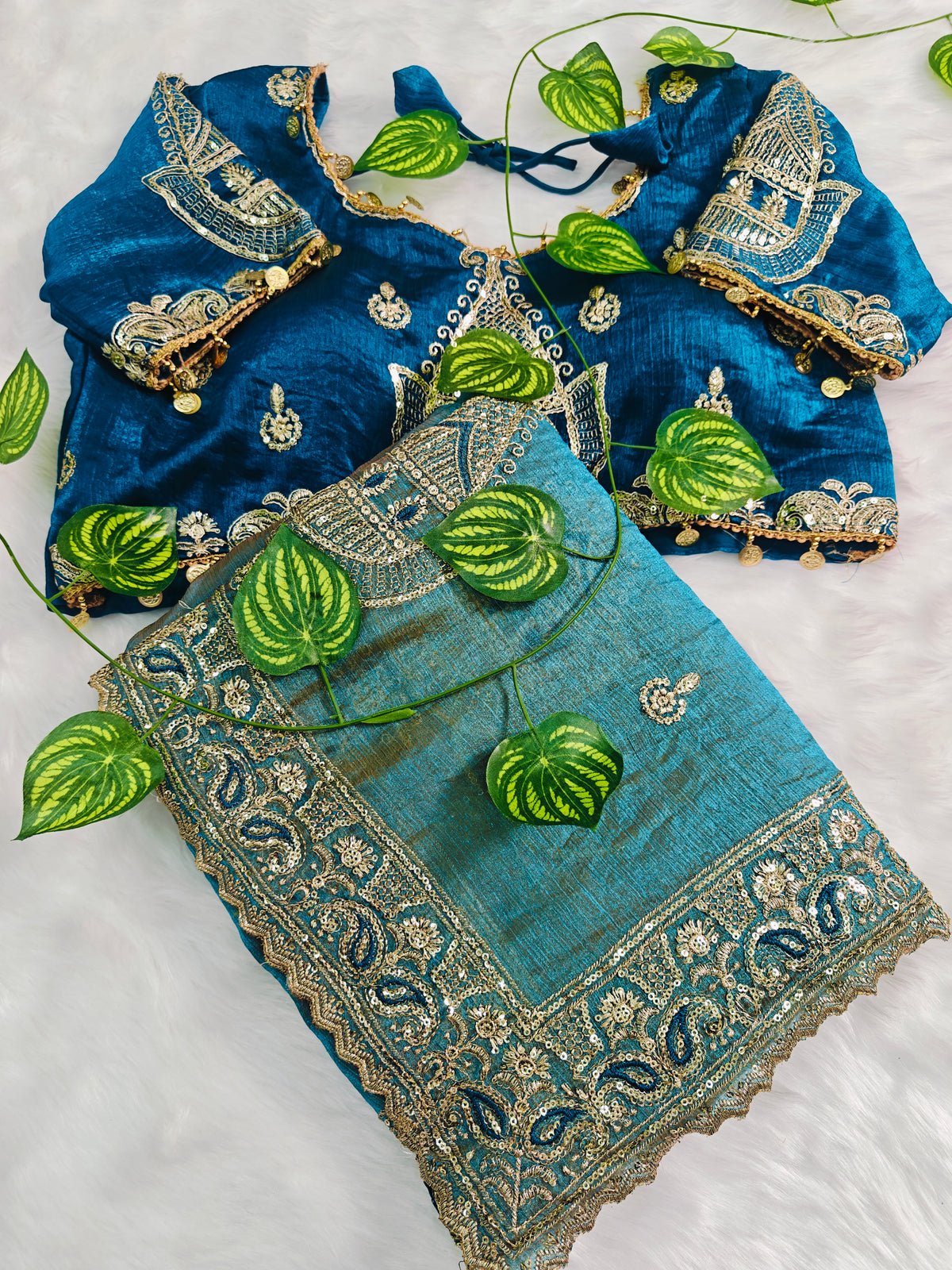 Sky Firoji Color Saree Tuton Set with Heavy Embroidery Morpitch Blouse & Coding Sequin Work