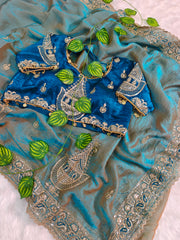 Sky Firoji Color Saree Tuton Set with Heavy Embroidery Morpitch Blouse & Coding Sequin Work