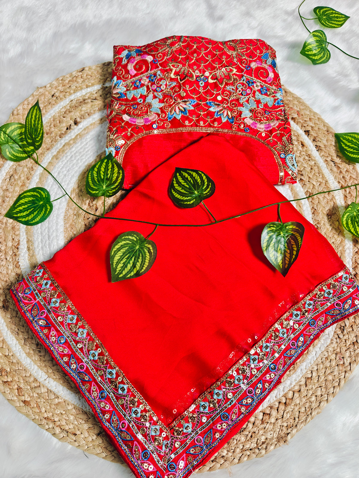 Vibrant Crimson Red Georgette Saree with Heavy Embroidered Designer Blouse & Sequin Border